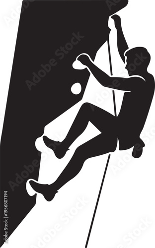 Vector silhouette of man rock climbing on black and white