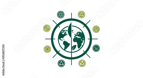 Global Environmental Compass Symbol with Earth and Leaves.