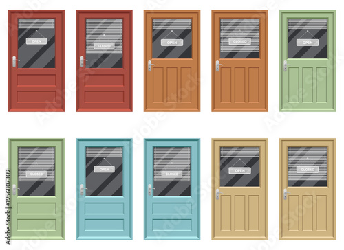 Colorful array of business doors displaying open and closed signs on windows.