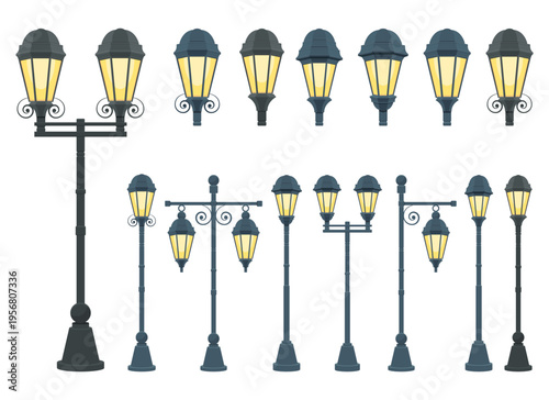 A variety of illuminated streetlights are shown in different styles and shapes.