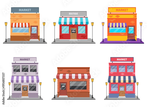 Colorful storefronts of a market and boutique with awnings and street lamps.