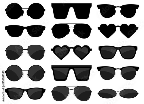 Collection of diverse eyewear silhouettes in various stylish dark designs.