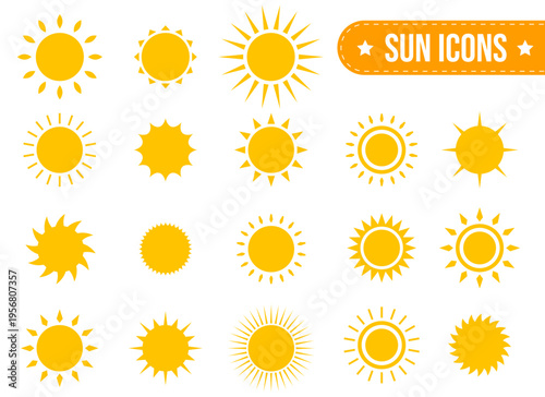 Collection of stylized sun icons, vector illustrations in yellow on white.
