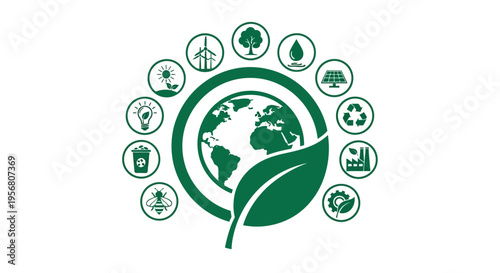 Global environmental sustainability with diverse eco friendly icons.