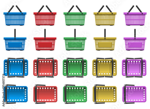 Rows of colorful plastic hand baskets, in top, side, and folded views.