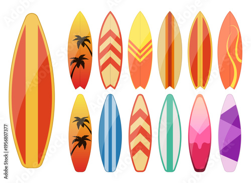 Array of uniquely decorated surfboards for ocean sport and beach lifestyle.