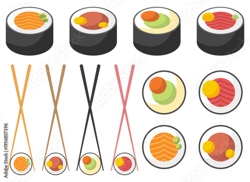 Colorful sushi pieces with different fillings and chopsticks assortment