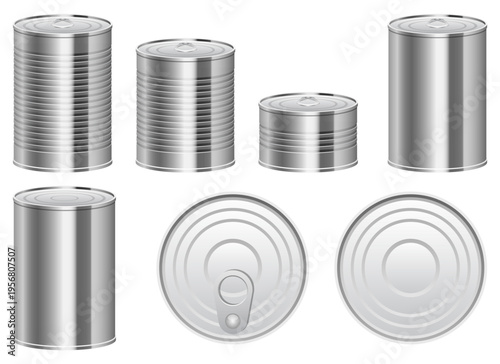 Collection of shiny silver metal food cans with various sizes and textures.