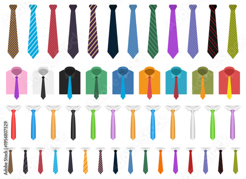 Varied collection of colorful shirts and ties arranged in organized rows.