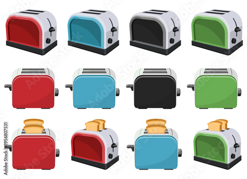 Toaster collection: various colors and with or without toast in perspective