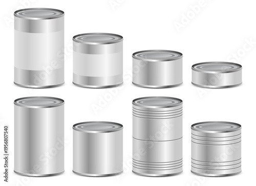 Assortment of plain metal cans in various shapes and sizes on white background