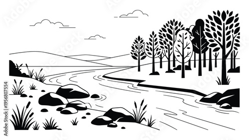 River flowing through forest with rocky banks and cloudy sky vector drawing