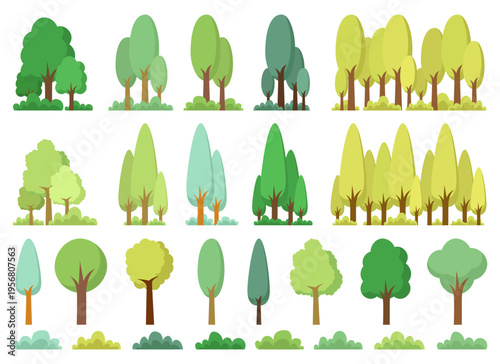 Assortment of cartoon trees in various shapes and shades of green color.