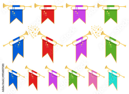 Horn instruments with colored banners and tassels in various arrangements