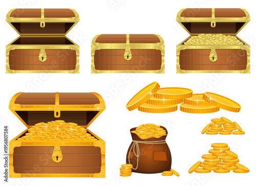 Treasure chests, gold coins, and bag full of gold on a white background.