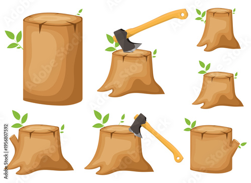 Cartoon image of tree stumps and logs, one with an axe stuck in the stump.