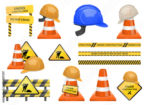 Construction safety equipment and signs indicating work in progress.