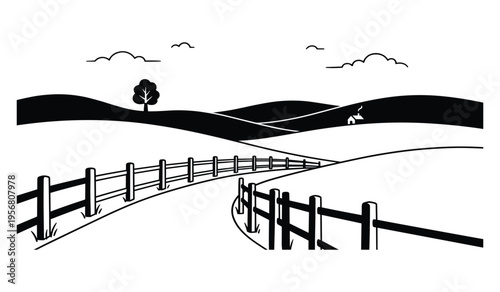 Rolling hills landscape with wooden fence and a distant house, black and white illustration