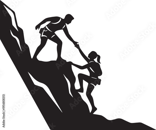 Teamwork and Trust Concept Silhouette Helping Hand on Mountain Climb
