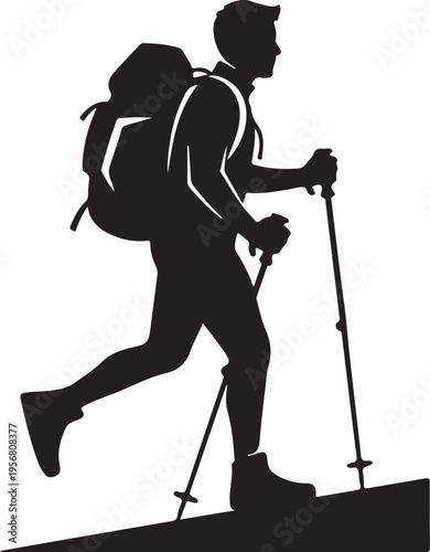 Vector silhouette of a hiker with backpack and trekking poles