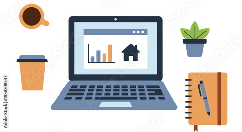 Workspace setup featuring a laptop coffee plant and notebook for productivity