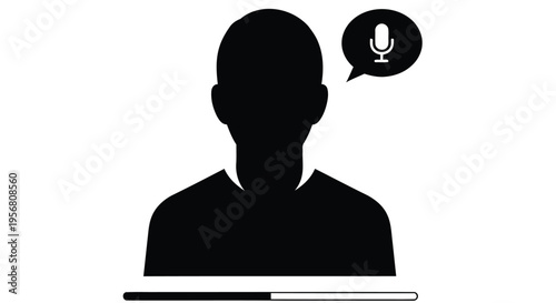 Silhouette of a person speaking into a microphone with a speech bubble