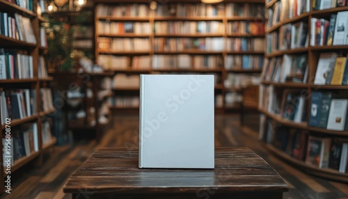 Blank hardcover book standing on a wooden table in a warm cozy bookstore with blurred shelves of books in the background, evoking quiet invitation and imagination