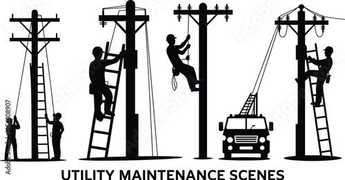 Silhouette illustration of utility maintenance workers climbing poles with ladders, ropes, and safety gear, showcasing teamwork, occupational safety, industry, outdoor environment, 