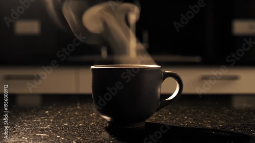 A steaming coffee cup sits on a speckled counter with a blurred kitchen backdrop