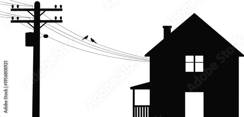 Silhouette illustration of utility pole with power lines connected to residential house, featuring birds perched on wires, symbolizing electricity, infrastructure, home connection, and outdoor 