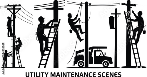 Silhouette utility workers performing electrical infrastructure maintenance on power lines with ladders, climbing gear, and trucks, essential utility service scenes for industrial safety illustration