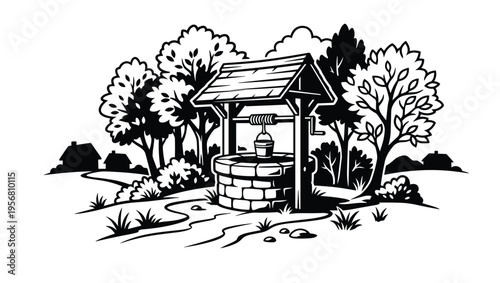 Rustic well with bucket and rope surrounded by trees and distant houses in countryside landscape