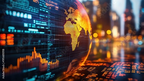 Glowing digital globe showing africa and europe overlaid with stock market charts and scrolling numbers, with blurred city lights in the background conveying dynamic futuristic market energy