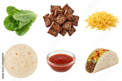 Overhead display of a soft shell taco and its ingredients, including lettuce, steak, shredded cheddar cheese, tortilla, and a bowl of red taco sauce on transparent background.