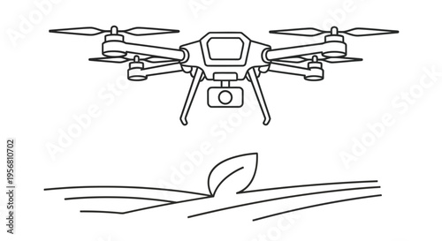 Line art illustration of a drone hovering above a sprouting plant
