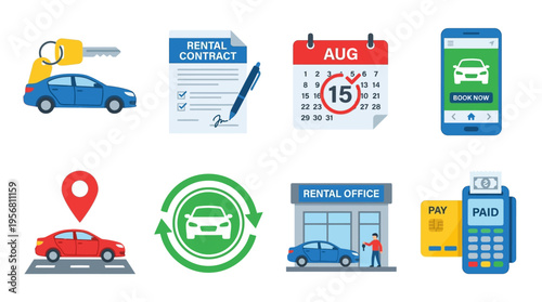 Vector graphic illustration of a car rental service process with icons for booking, payment, and vehicle return in a modern office setting with digital and physical elements.