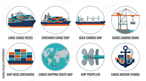 Vector illustration of cargo ship and port equipment with containers on a shipping route map.