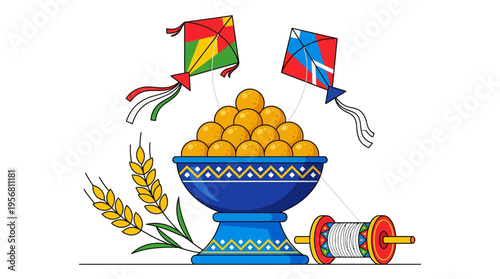 A vibrant vector illustration of a blue bowl filled with golden balls surrounded by wheat sheaves and colorful kites flying high in a sunny outdoor scene with a spool of thread.