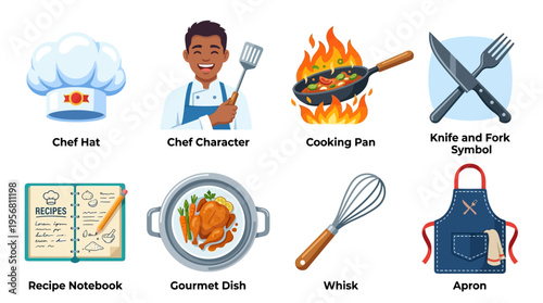 The chef character wearing an apron and hat prepares a gourmet dish with a whisk and utensils in a kitchen with a recipe notebook and a cooking pan on fire.