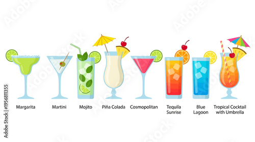 A vector illustration of various colorful cocktails with umbrellas and garnishes on a white background showcasing drinks like Margarita and Martini.
