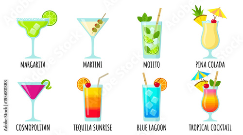 Colorful vector illustrations of various cocktails in glasses on a bar.