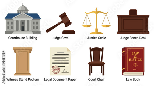A vector illustration of a courthouse building with a judge gavel, justice scale, and judge bench desk, surrounded by a witness stand podium, legal document paper, court chair, and law book inside.