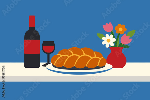 Passover Table with Challah Bread, Wine, and Flowers