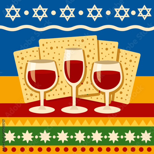 Passover Wine Glasses and Matzot with Decorative Background