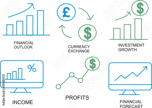 Comprehensive vector icon collection illustrating key financial metrics, market trends, investment growth, profit projections, income generation, and global currency exchange dynamics