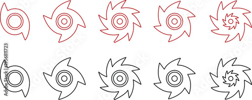 Hurricane cyclone icon set collection group in line style featuring storm, typhoon, tornado, whirlwind, vortex and weather synonym elements for disaster alert, climate design and warning graphics