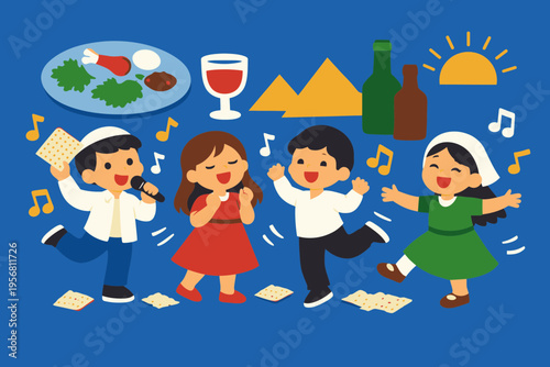 Passover Celebration Scene with Children Singing and Dancing