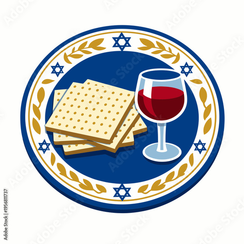 Decorative Passover Plate with Wine and Matzot