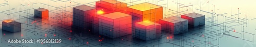 glowing orange and red cubic structures connected by delicate wireframe grid and tiny red nodes on a pale gradient background, futuristic and energetic