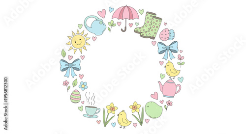 Charming springtime wreath illustration with cute icons of a sun, umbrella, watering can, wellington boots, chicks, daffodils, easter egg, teapot, and bows, perfect for seasonal decorations